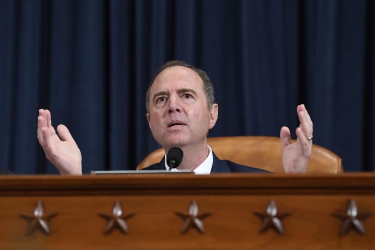 House Intelligence Committee Chairman Adam Schiff, D-Calif., gives final remarks during a hearing where former White House national security aide Fiona Hill, and David Holmes, a U.S. diplomat in Ukraine, testified before the House Intelligence Committee on Capitol Hill in Washington, Thursday, Nov. 21, 2019, during a public impeachment hearing of President Donald Trump&#039;s efforts to tie U.S.