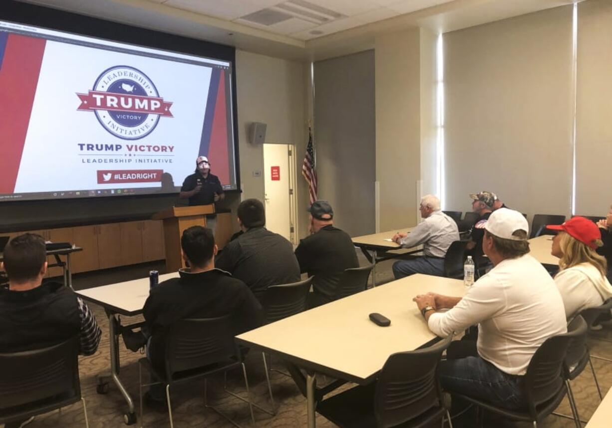 Chris Haskins, a regional field director for President Donald Trump&#039;s re-election campaign, leads a &quot;Stop the Madness&quot; training in Las Vegas Nov. 2. (Michelle L.