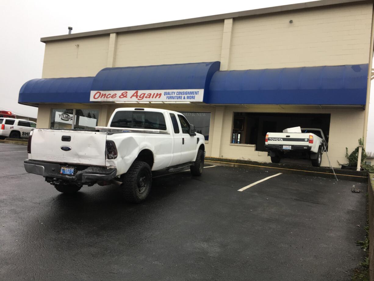 A truck crashed into Once & Again consignment shop on N.E. Saint Johns Road, north of Vancouver.