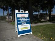 A sign outside Bloodworks Northwest near Vancouver Mall encourages people to donate blood in October 2017.