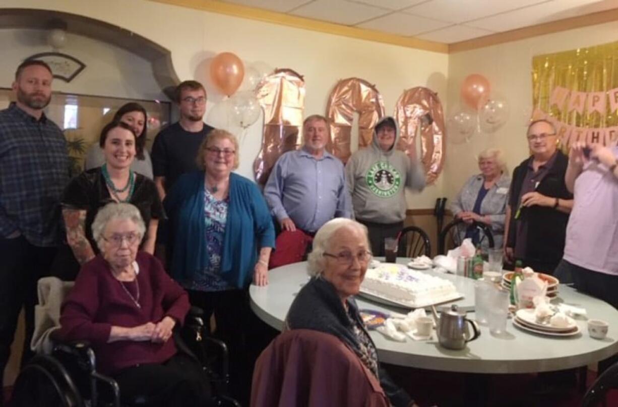 From left, back row, is Marc Sowder, grandson of Irene Sowder; Kali, friend of great-grandson; Atticus Sowder, great-grandson; Ken Sowder, son; Clark Cooper, friend; Roberta and Jerry Roche, church friends; middle row is Laurel Sowder, granddaughter; and Carla Sowder, daughter-in-law. Front row is Irene Sowder and Mary Cooper, her friend. Irene Sowder celebrated her 100th birthday on Nov.