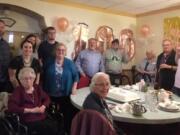 From left, back row, is Marc Sowder, grandson of Irene Sowder; Kali, friend of great-grandson; Atticus Sowder, great-grandson; Ken Sowder, son; Clark Cooper, friend; Roberta and Jerry Roche, church friends; middle row is Laurel Sowder, granddaughter; and Carla Sowder, daughter-in-law. Front row is Irene Sowder and Mary Cooper, her friend. Irene Sowder celebrated her 100th birthday on Nov.