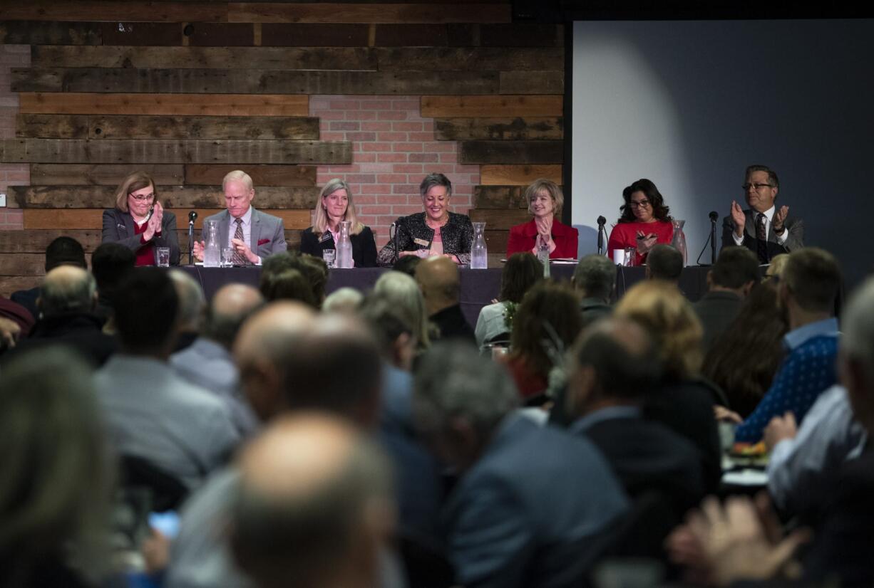 State legislators from Clark County reviewed a wide range of topics during the annual Legislative Outlook Breakfast on Friday morning at WareHouse ’23 in Vancouver. State Rep. Sharon Wylie, D-Vancouver, from left, state Rep. Paul Harris, R-Vancouver, state Rep. Vicki Kraft, R-Vancouver, state Sen. Lynda Wilson, R-Vancouver, state Sen. Annette Cleveland, D-Vancouver, state Rep. Monica Stonier, D-Vancouver, and state Rep. Larry Hoff, R-Vancouver, spoke during the breakfast.