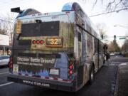 The Battle Ground-themed bus at a stop in downtown Vancouver.