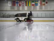 Brennan Bloemke drives an Olympia ice resurfacer at Mountain View Ice Arena on a recent weekday following an adult hockey game and before an open skate started. He completes &quot;depending on the night, four to six cuts. Then depending on how rough the day was, it adds on at the end of the night because you have to get the ice ready at the end of the day.