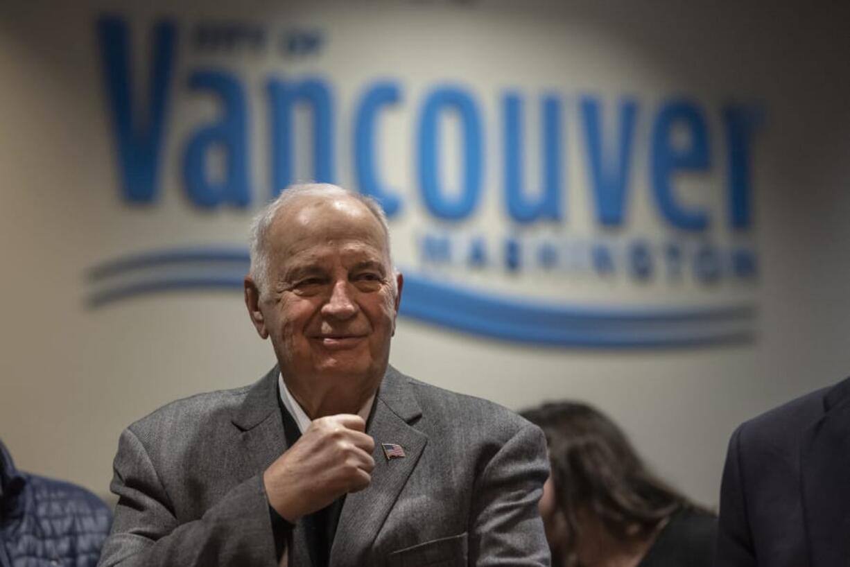 Bill Turlay speaks with members of the community during a farewell ceremony at Vancouver City Hall on Dec. 16. It was Turlay&#039;s final city council meeting after serving eight years behind the dais. At top, Stephanie Turlay holds a brick inscribed with the dates of her husband&#039;s service to the city during a farewell ceremony for Bill Turlay at Vancouver City Hall on Dec. 16.