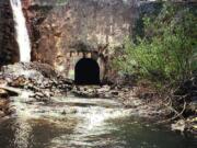 South Coldwater Creek joins the flow of water exiting the downstream end of the Spirit Lake drainage tunnel the Army Corps of Engineers completed in 1985. (U.S.