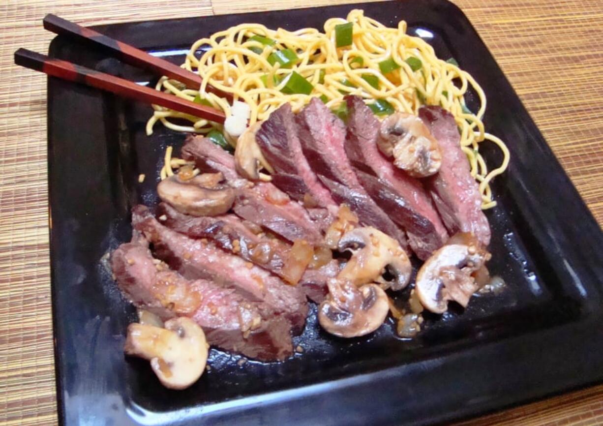 Teriyaki-glazed steak.