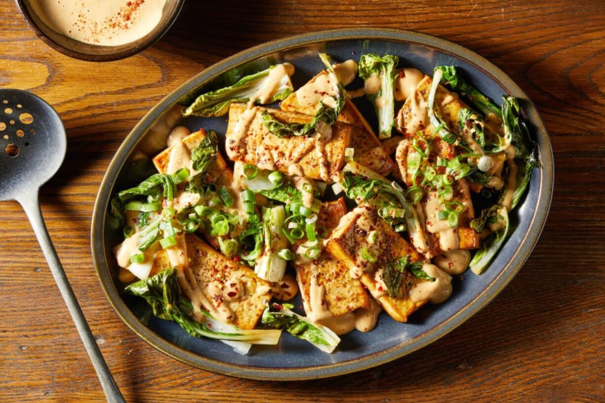 Baked Tofu With Peanut Sauce and Bok Choy.