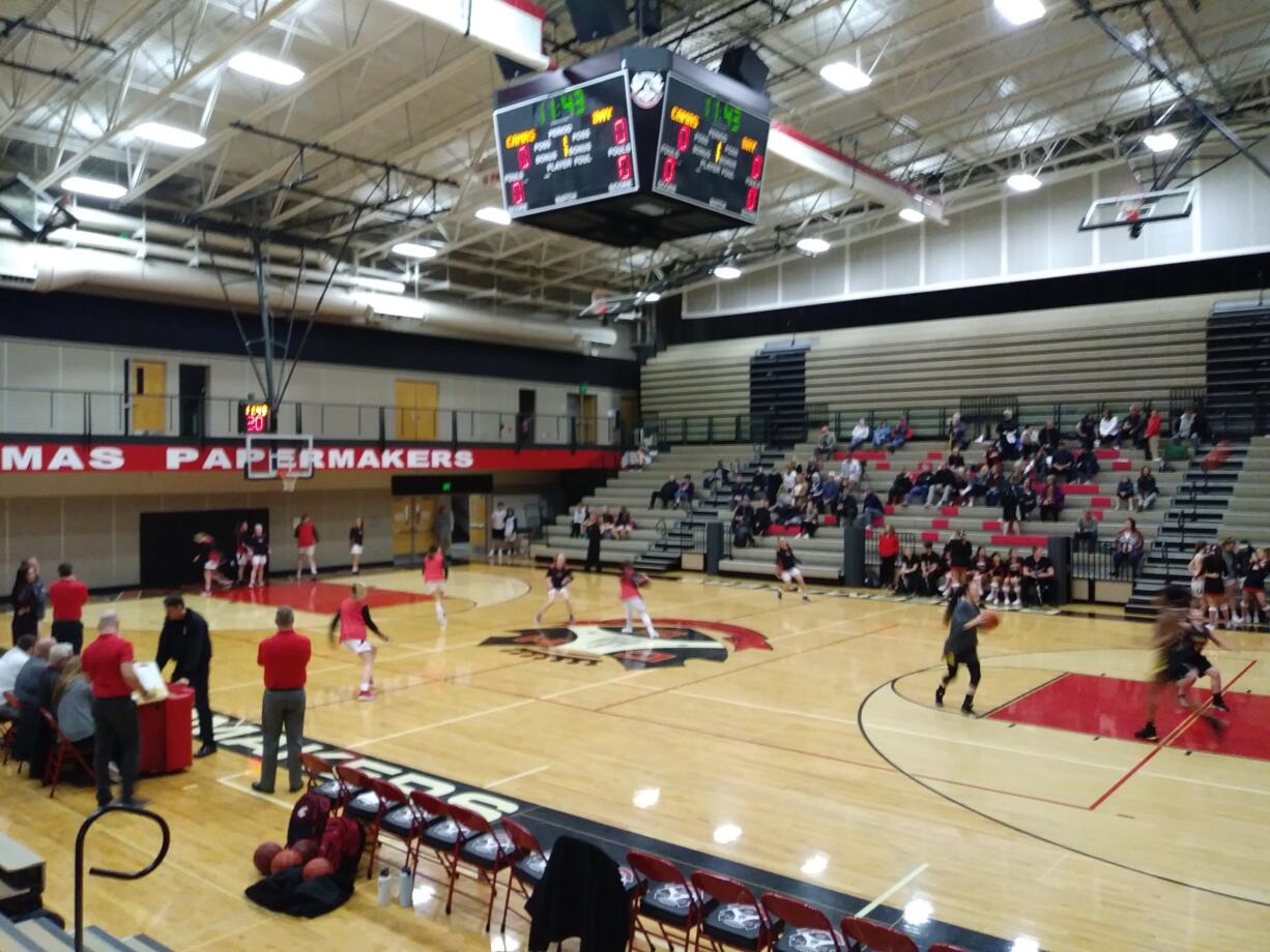 The Camas and Hudson's Bay girls basketball teams warm up for their game at Camas (Tim Martinez/The Columbian)