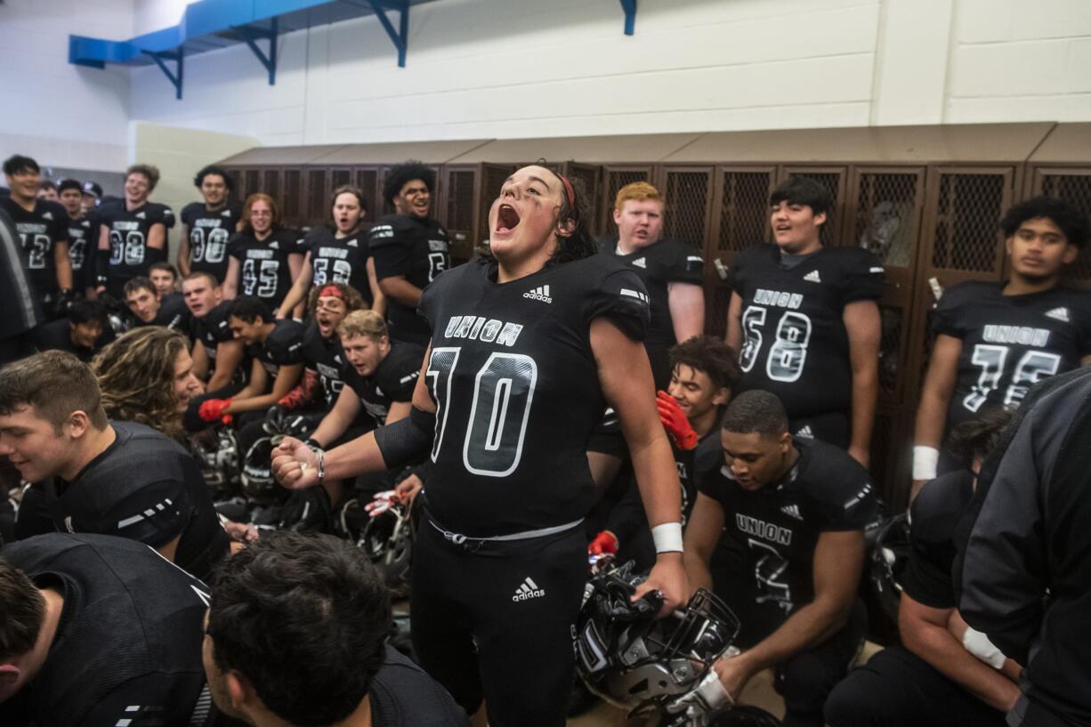 Union’s Alex Wood tries to pump up his team during halftime in a game against Chiawana at McKenzie Stadium on Friday night, Sept 27, 2019.