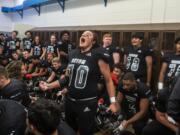 Union’s Alex Wood tries to pump up his team during halftime in a game against Chiawana at McKenzie Stadium on Friday night, Sept 27, 2019.