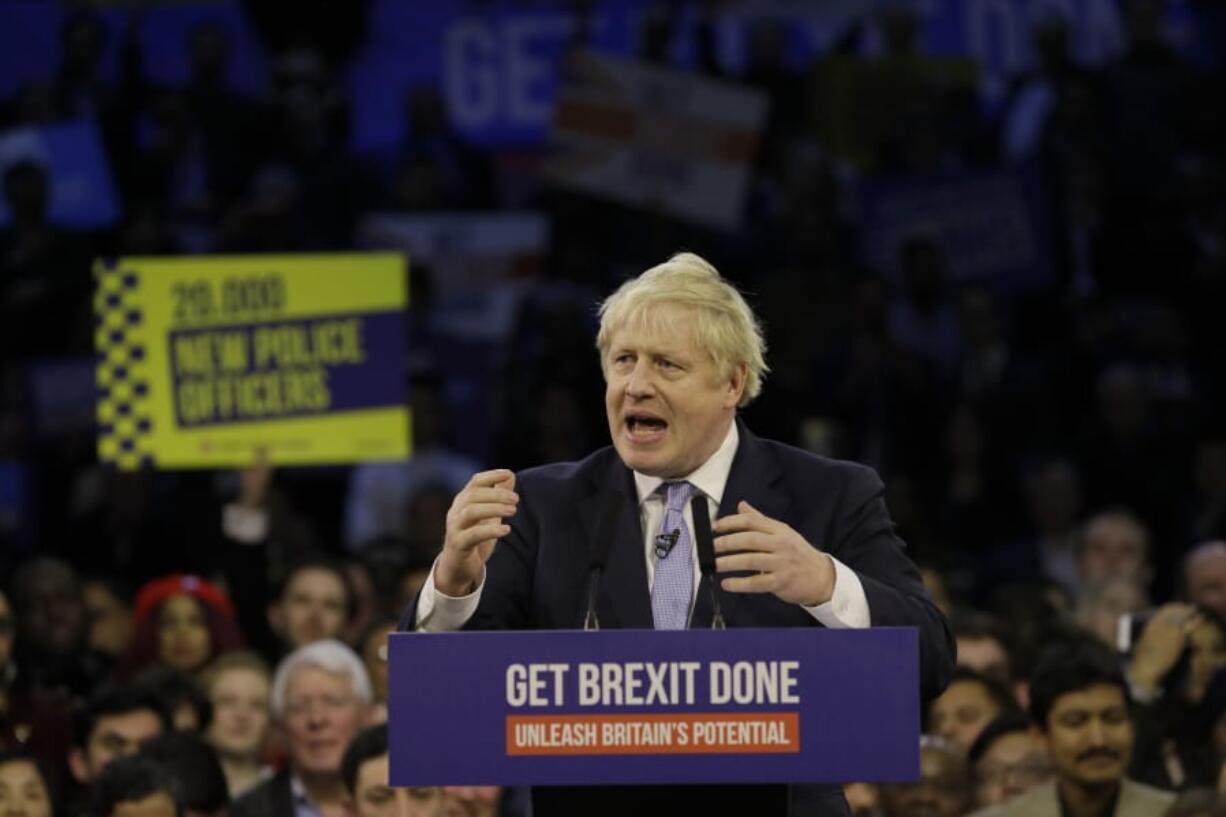 Britain&#039;s Prime Minister Boris Johnson speaks during his ruling Conservative Party&#039;s final election campaign rally at the Copper Box Arena in London, Wednesday, Dec. 11, 2019. Britain goes to the polls on Dec. 12.