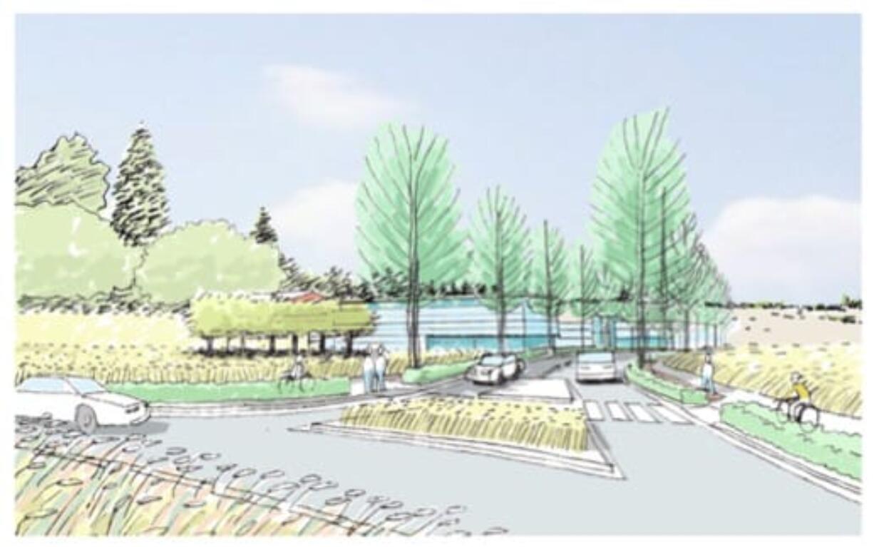 A conceptual rendering shows the entrance to a proposed HP campus at the intersection of First Street and 184th Avenue.