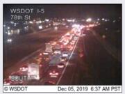 A rollover on the northbound I-5 Bridge blocked two lanes, but it was cleared around 6:45 a.m., according to the Washington State Department of Transportation.