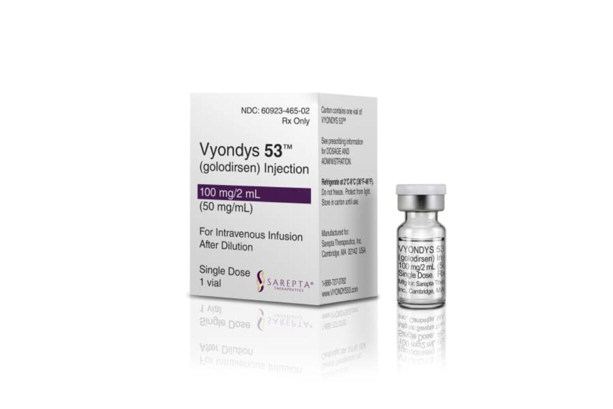 A box and vial of Sarepta Therapeutics&#039; drug Vyondys 53.