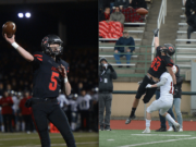 For Camas quarterback Blake Asciutto, left, having a reliable receiver such as Jackson Clemmer has been a key to success (Sam Wilson/for The Columbian)