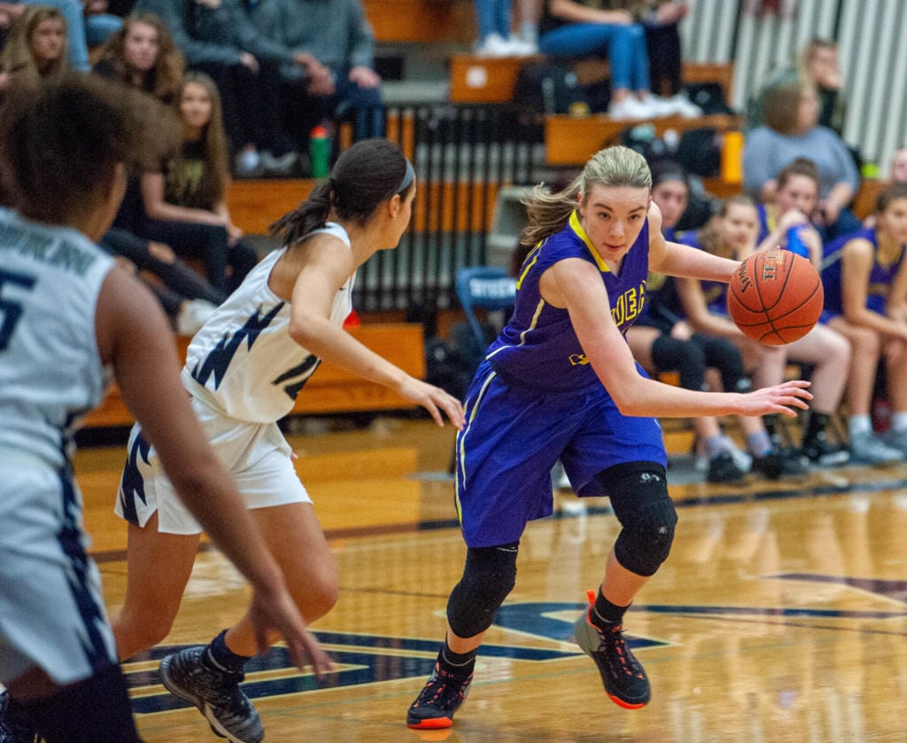 Columbia River's Jordan Ryan drives against Skyview's Ava Harman.