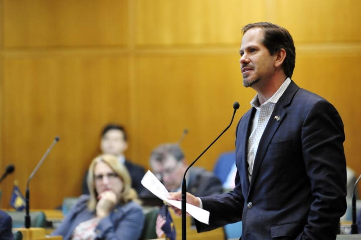 FILE - In this May 21, 2018, file photo, Oregon Republican Rep. Knute Buehler speaks in the House chamber during a special legislative session in Salem, Ore. A leading Republican in Oregon announced Tuesday, Dec. 3, 2019, he will dump campaign contributions from Gordon Sondland after sexual misconduct allegations against the Portland businessman-turned-diplomat surfaced last week. Buehler, who ran unsuccessfully as the Republican nominee for governor of Oregon in 2018 and is considering a run for Congress in 2020, said he and his wife Patty were disturbed by the allegations.