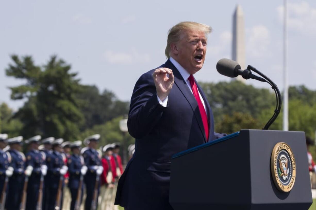 FILE - In this July 25, 2019, file phot, President Donald Trump speaks during a ceremony for new Secretary of Defense Mark Esper at the Pentagon. If there was one day that crystallized all the forces that led to the impeachment investigation of President Donald Trump, it was July 25. That was the day of his phone call with Ukraine&#039;s new leader, pressing him for a political favor.