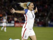 FILE - In this Sept. 15, 2017, file photo, United States defender Julie Ertz (8) celebrates after scoring a goal against New Zealand during the first half of an international friendly soccer match in Commerce City, Colo. Ertz has been named the U.S. Soccer women&#039;s Player of the Year on Friday, Dec. 13, 2019, for the second time. Ertz also won the award in 2017 and she won the federation&#039;s Young Player of the Year honors in 2012.