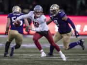 Washington State quarterback Anthony Gordon scrambles out of the pocket as he is chased by Washington linebacker Joe Tryon during the second half of an NCAA college football game, on Friday, Nov. 29, 2019 in Seattle. Washington won 31-13.