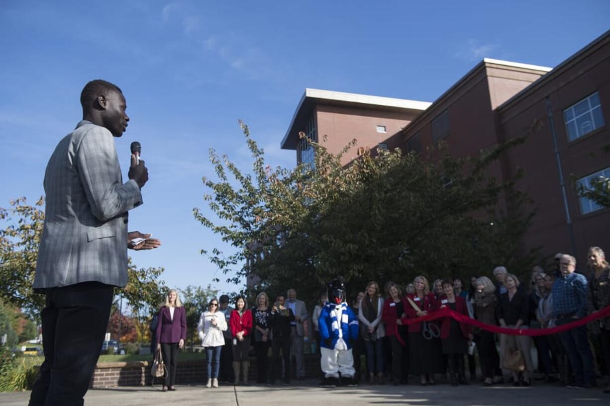 Evans Kaame, president of the Associated Students of Clark College, speaks to the crowd before the ribbon-cutting celebrating the 10th anniversary of Clark College&#039;s Columbia Tech Center campus in October. Effective Jan. 1, the chamber discontinued the Ambassador Program, which attended the Clark program and many other ribbon-cutting events.