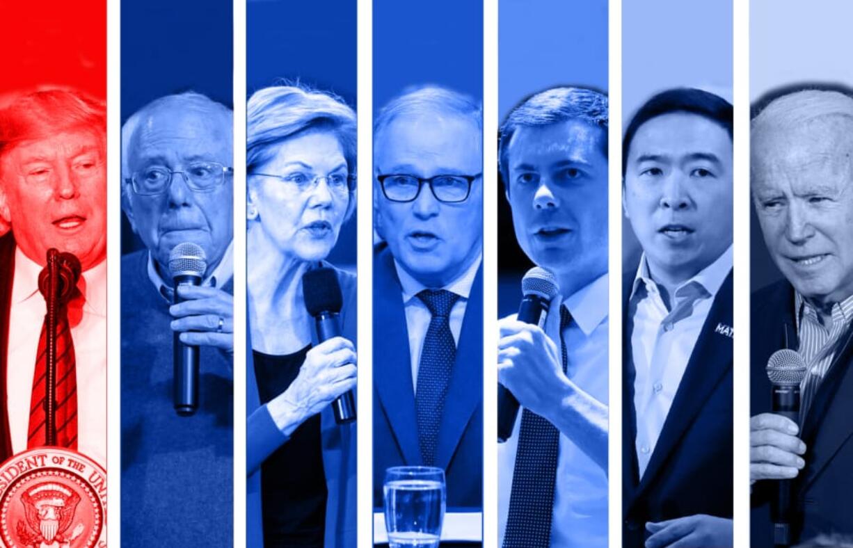 President Donald Trump, from left, Sen. Bernie Sanders, Sen. Elizabeth Warren, Washington Gov. Jay Inslee, Pete Buttigieg, Andrew Yang and Joe Biden.