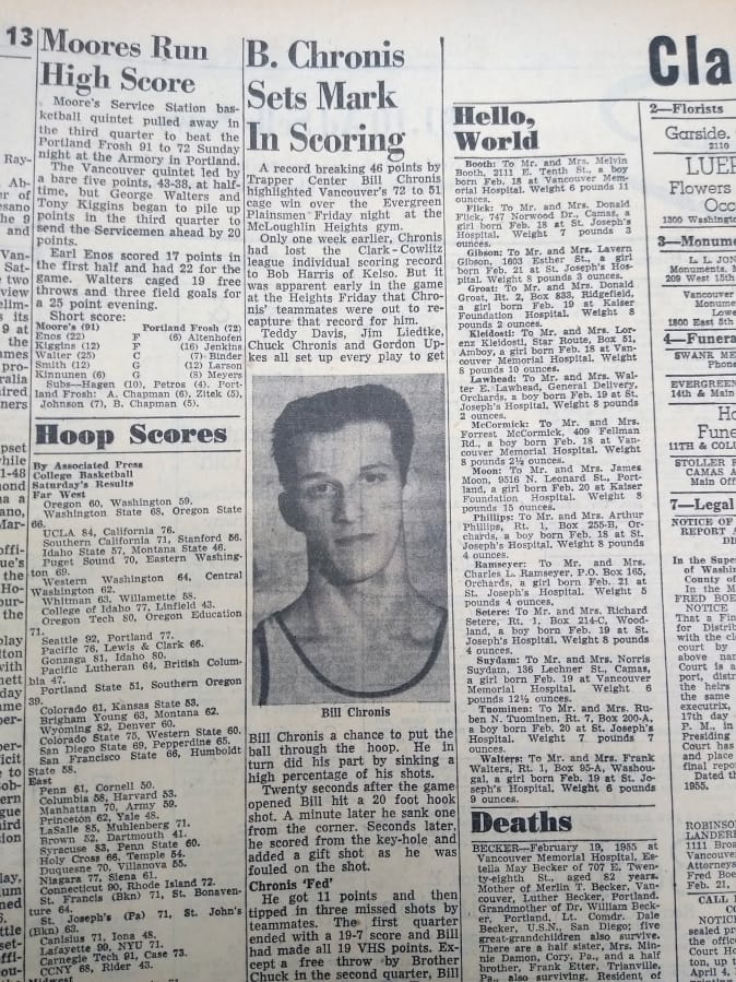 Details of Bill Chronis' scoring record from the Feb. 22, 1955 edition of The Columbian.