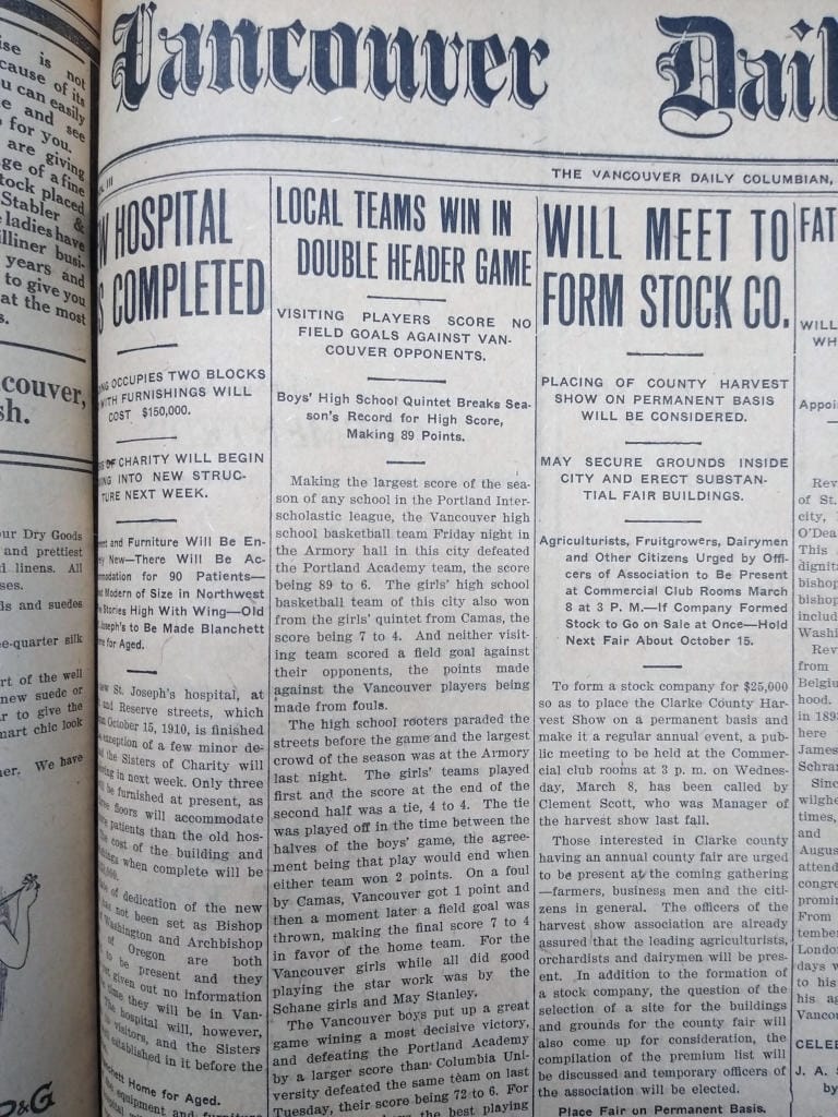 Vancouver Daily Columbian from March 4, 1911 with details of Vancouver High School’s high-scoring basketball game.