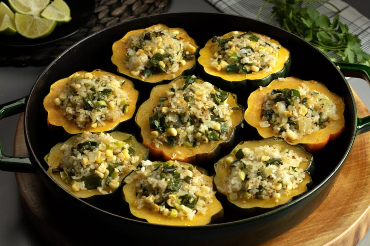 Roasted Delicata Squash Rings, top, and Acorn Squash With Cheesy Rice and Poblanos. (Photos by E.