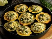 Roasted Delicata Squash Rings, top, and Acorn Squash With Cheesy Rice and Poblanos. (Photos by E.