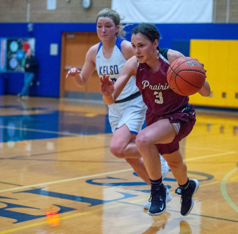 Prairie's Meri Dunford dribbles up the court during Prairie's 44-29 win in a 3A Greater St. Helens League girls basketball game Thursday in Kelso.