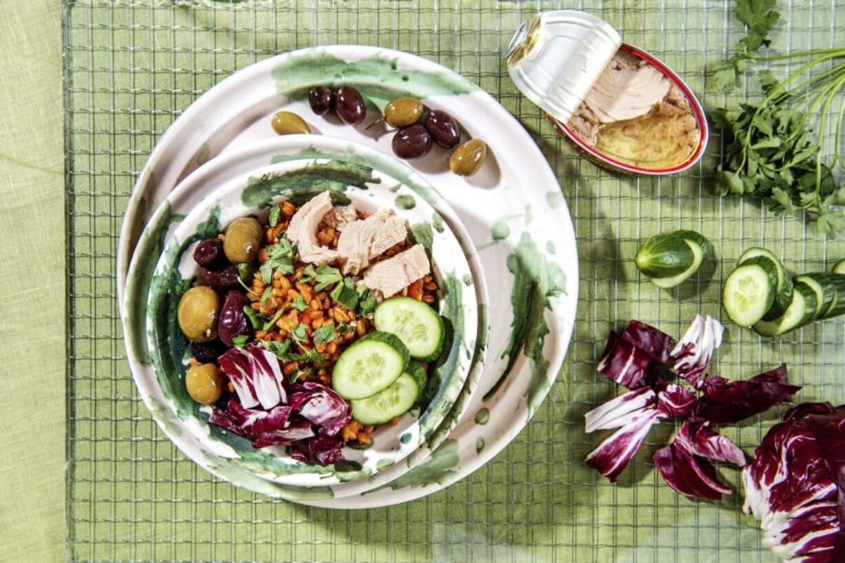 Well-seasoned farro with your favorite proteins and vegetables makes for a delicious grain bowl.