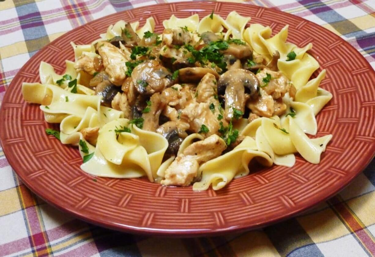 Turkey Stroganoff with egg noodles.