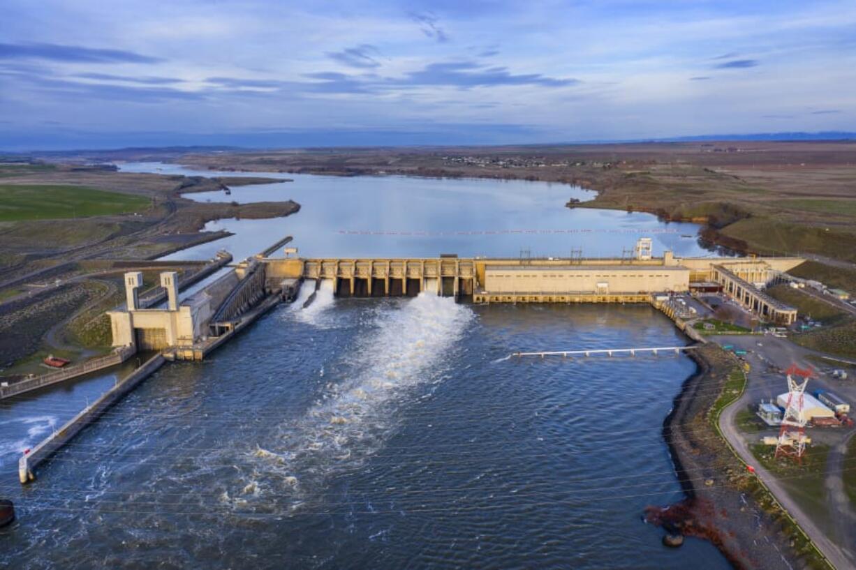 This aerial view shows the Ice Harbor Dam in April, looking east up the Snake River.