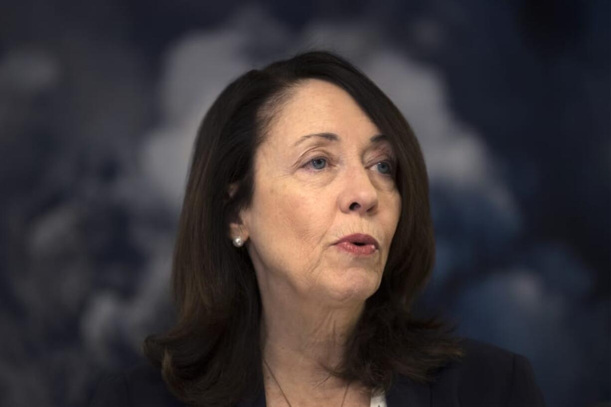 U.S. Sen. Maria Cantwell, D-Wash., speaks March 21 at the U.S. Geological Survey Cascades Volcano Observatory in Vancouver.