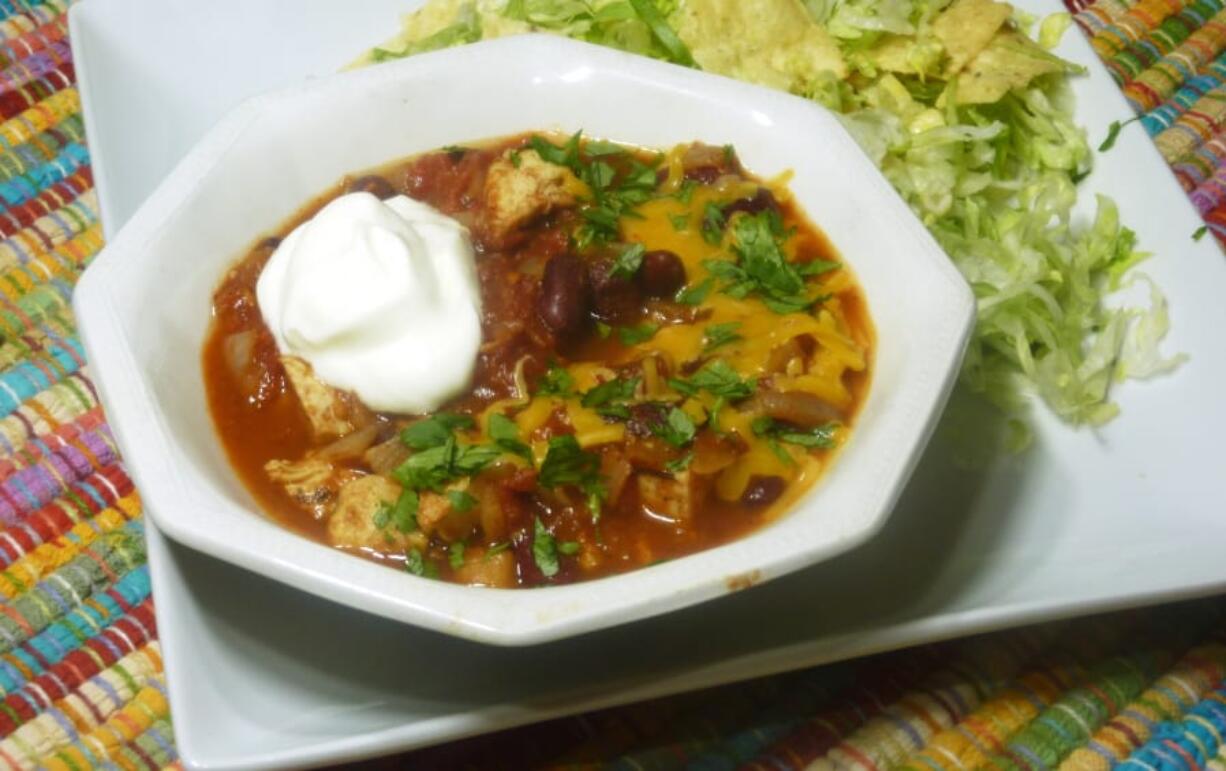 Mexican Chicken Chili and Tortilla Salad, perfect for Super Bowl Sunday.