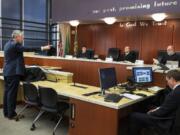 Defense attorney Timothy Hobbs addresses the court Tuesday during a state appeals hearing regarding a Millennium Bulk Terminals denied permit at the Clark County Public Service Center in Vancouver.