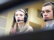 Columbia River senior Jordan Ryan provides the color commentary for VPS Game Time during a boys basketball game on Friday at Hudson&#039;s Bay High School.