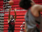 Fort Vancouver's Kahlil Singleton works on his shot during practice Monday. Singleton, a sophomore broke the long-standing school record by scoring 55 points in a recent game. The previous record was shared by two players from 1955 and 1911.