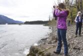 Jaime Herrera Beutler uses binoculars to view a sea lion on the Columbia River near Bonneville Dam in 2018.