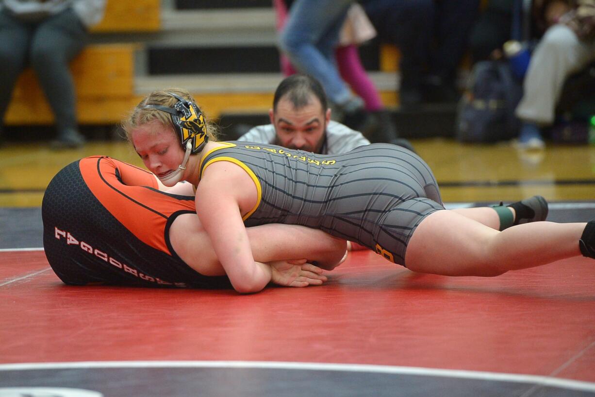 Hudson's Bay's Allison Blaine beats Washougal's Ashley Garrison to win the 135-pound weight class at the Clark County Championship wrestling tournament at Skyview High School on Saturday, January 18, 2020.