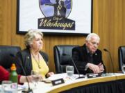 Washougal Mayor Molly Coston and City Councilor Ray Kutch, who was appointed Mayor Pro Tem, watch a City Council meeting Monday.