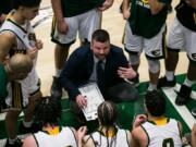 Evergreen boys basketball head coach Brett Henry talks to his players in the final minutes of a game against Prairie at Evergreen High School, Friday, January 24, 2020. Evergreen went on to defeat Prairie 63-57.