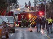 Police investigate the scene after two pedestrians were struck and killed in east Vancouver on Tuesday morning, Jan. 21, 2020.