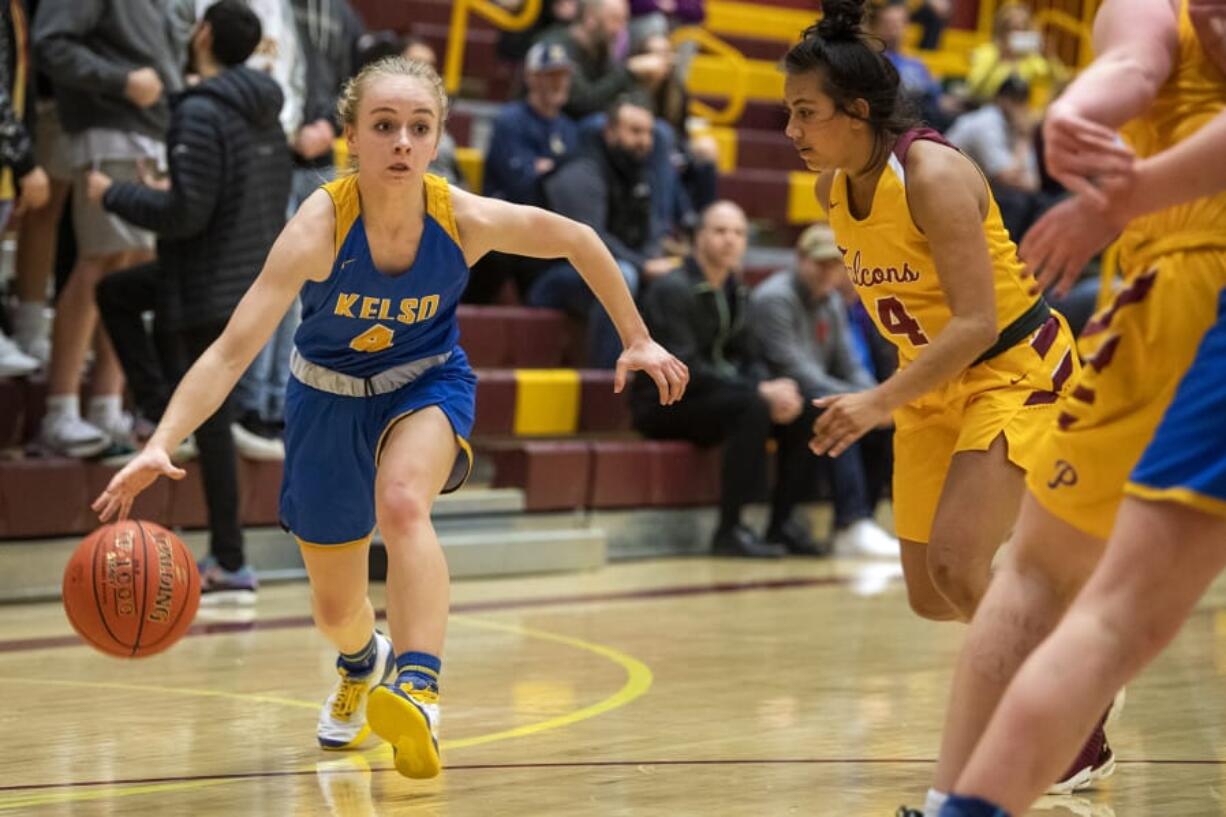 Kelso&#039;s Alexis Kleven (4) dribbles down court during Tuesday night&#039;s game at Prairie High School in Vancouver on Jan. 28, 2020.