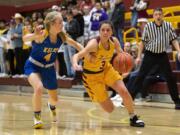 Kelso's Alexis Kleven (4) defends Prairie's Meri Dunford (3) during Tuesday night's game at Prairie High School in Vancouver on Jan. 28, 2020.