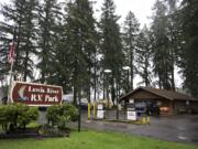 Signage is seen near the road at Lewis River RV Park in Woodland on Jan. 22.