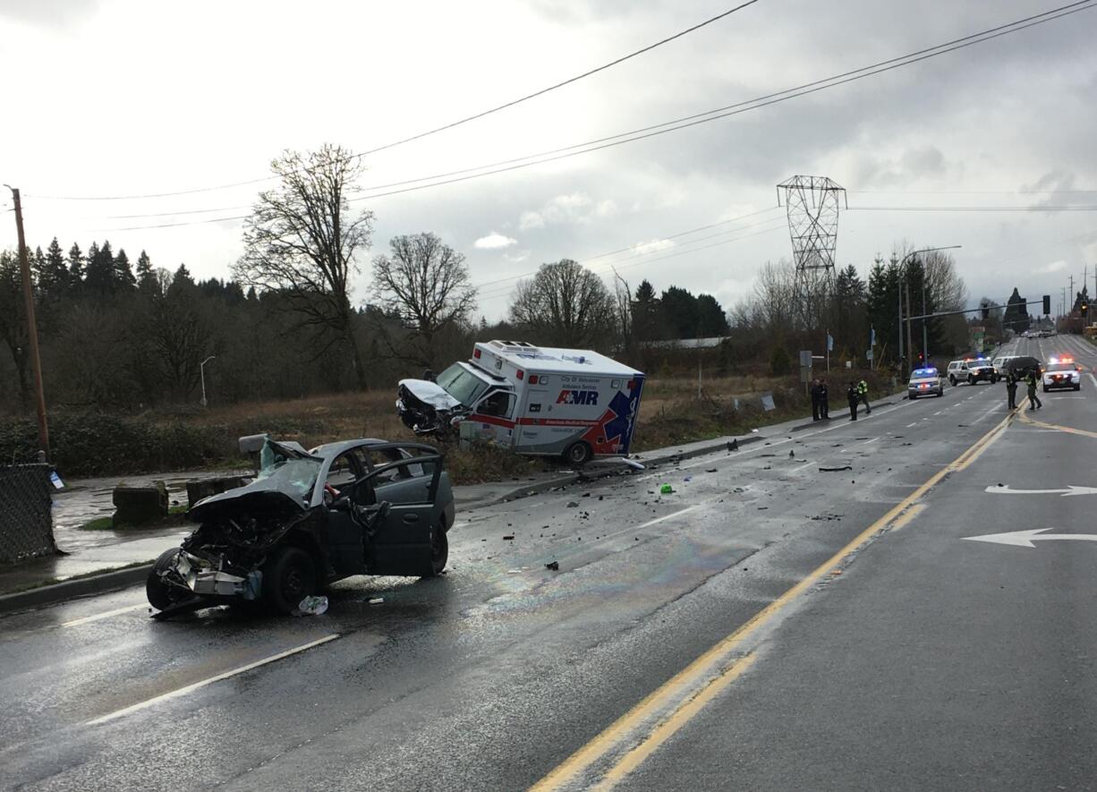 Deputies responded Tuesday to Northeast Hazel Dell for a fatal crash involving a car and an ambulance. Two people inside the ambulance, which wasn't transporting a patient, suffered injuries not believed to be life threatening.